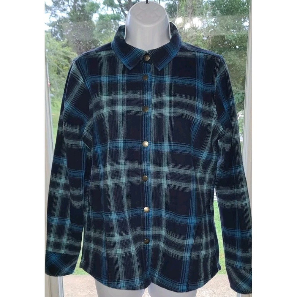 Orvis Jacket Womens Medium Blue Navy Shirt Snap Fleece Lined Flannel Winter